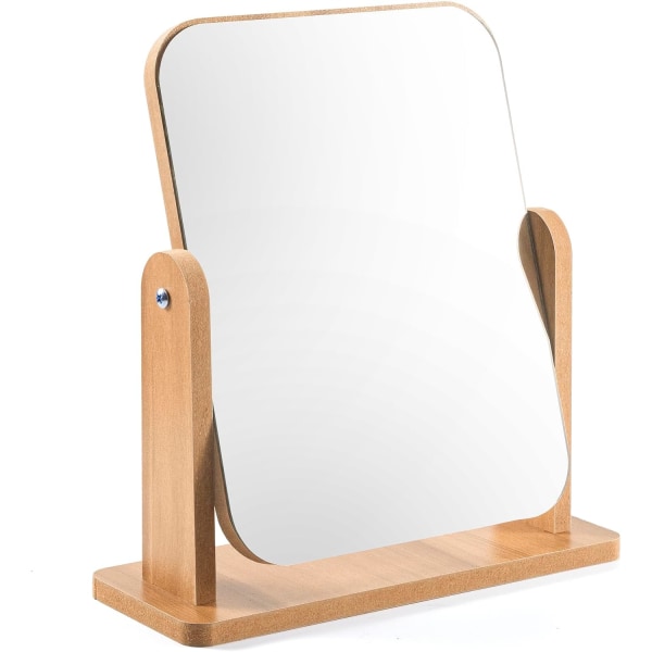 Vanity Mirror Wood Desk Makeup Mirror , 360° Swivel Desktop Square Mirror for Dressing Table Desk, Bathroom, Bedroom