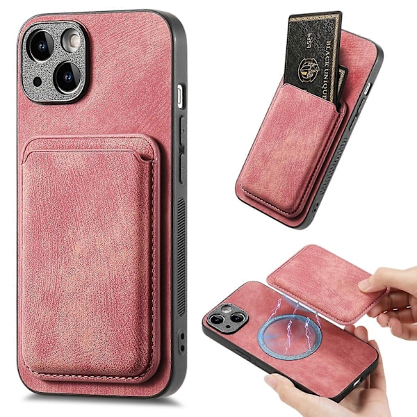 Retro Läder Kortficka Magnetiskt Mobilskal för iPhone 14 Pink