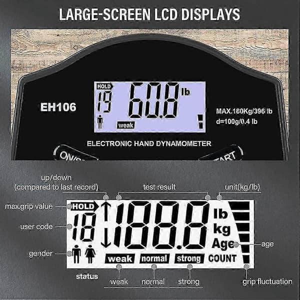 Grip Strength Tester, 396Lbs/180Kg Digital Hånd Dynamometer Grip Strength Meter USB LCD-skjerm Hånd