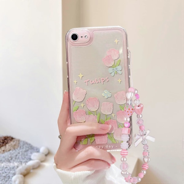 Yhteensopiva iPhone 7 -kotelon, iPhone 8 -kotelon, iPhone SE 2020/SE 2022 -kotelon kanssa, kukka- ja tulppaanikuvio, söpö rusetti, mansikkahelminauha, ohut pehmeä TPU-puhelinkotelo color A iPhone 7 8 SE 2020 SE