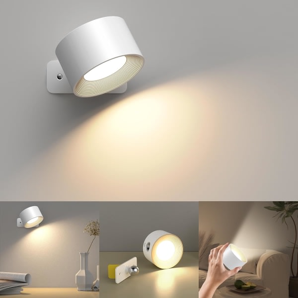 Indendørs væglampe, væglampe med USB-opladning, 3 farver og 3 niveauer LED indendørs 360° roterbare berøringskontrol trådløse væglamper