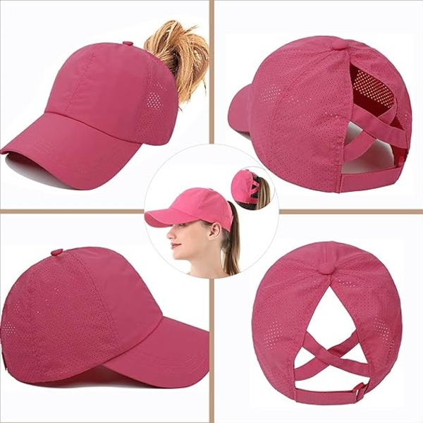 Dame Cross Ponytail Baseball Cap, Hurtigtørkende Mesh Utendørs Sports Cap med Ponytail Hull Justerbar Reise Sommerhatt Rose Pink