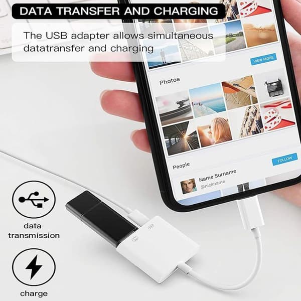 Lightning til USB 3.0-adapter med hurtigopladningsport, USB-adapter til iPhone og iPad, OTG-kameraadapter til USB-flashdrev