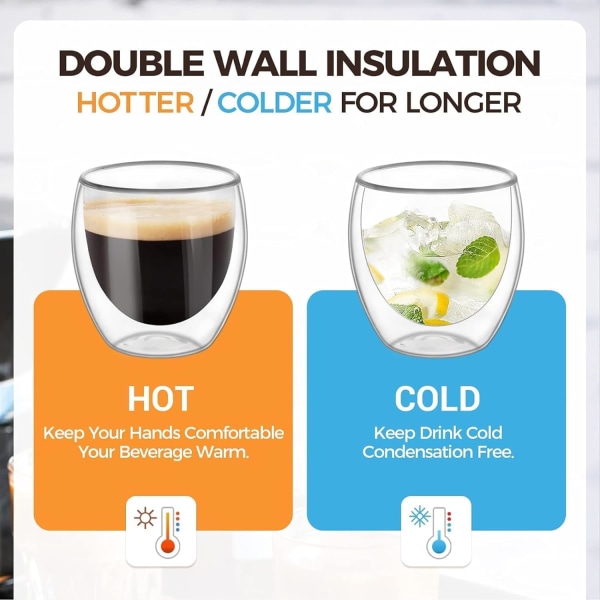 6 stk. Dobbeltveggede Kopper Glass Krus, Klart Dobbeltveggede Kaffe Kopper, Dobbeltveggede, Cappuccino, Latte og Isolerte (80ml)