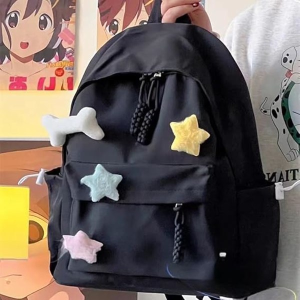 Jente ryggsekk barneskoleveske, søt og vakker campus ryggsekk nylon ensfarget ryggsekk kawaii stjerne casual ryggsekk Black