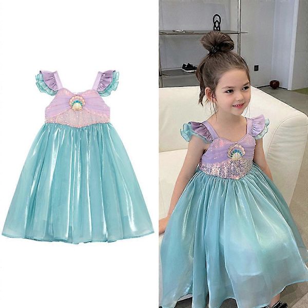 2023 Sommarklänning för flickor, sjöjungfruklänning, kortärmad prinsessklänning Blue 100cm