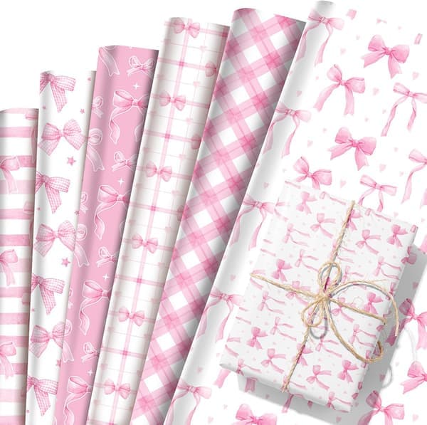 12 ark rosa presentpapper med rosetter, sött rosa presentpapper, DIY-hantverk, vackert presentpapper för födelsedagar och Alla hjärtans dag.