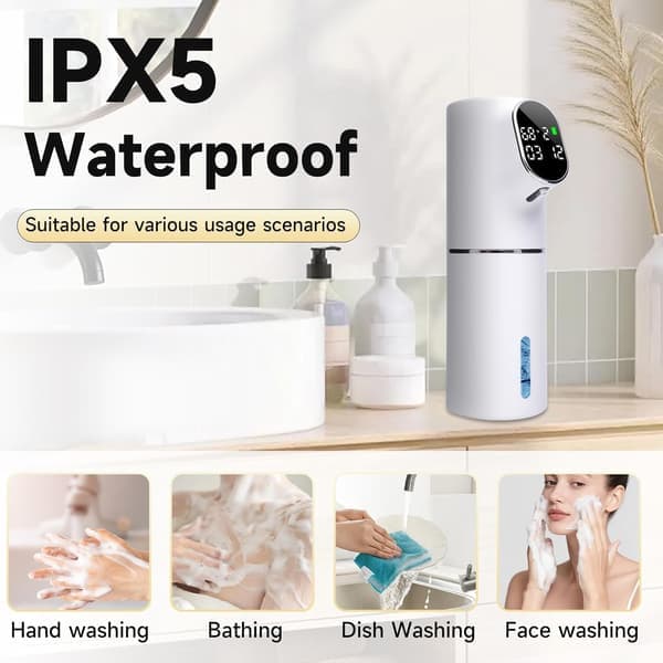 Automatisk sæbedispenser, kontaktløs opladning, langtidsholdbart batteri, 320 ml automatisk sæbedispenser med LED-ur.