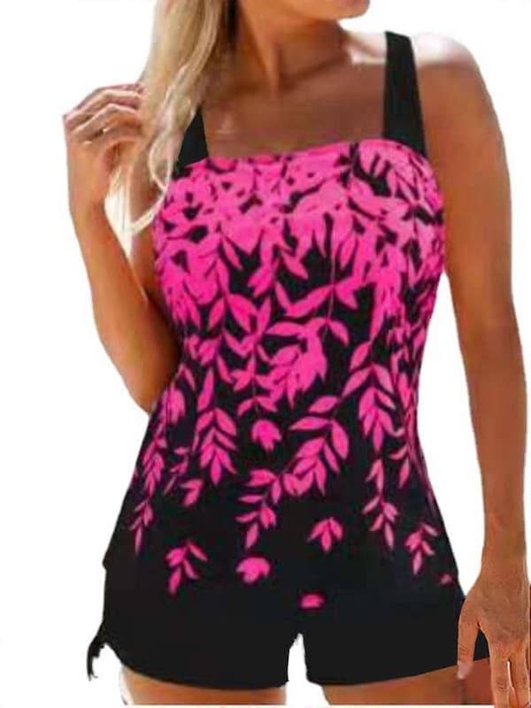Tankini Badedragt Toppe Shorts Sæt til Kvinder Plus Size Rosarød Rose Red 3XL