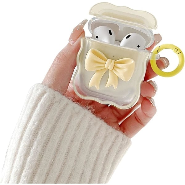 Kompatibelt skal för AirPods 2 & 1 Mjukt transparent TPU med söt 3D-färgad rosett-design Stöttåligt nyckelringsskydd för Airpods 2 & 1 gul yellow