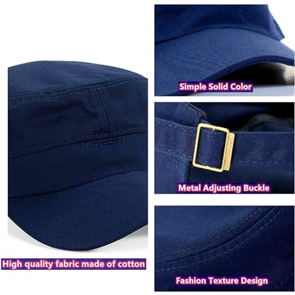 Unisex Classic Army Cap, flad top almindelig hat, justerbare moderigtige militære sportshuer, kadetkasketter, åndbare udendørs hatte Navy
