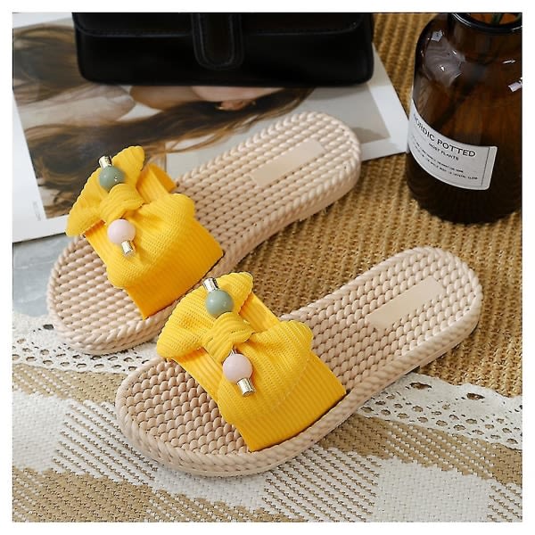 Søte sløyfe tøfler for kvinner Uformelle sommer flate sklisikre sandaler til hjemmet R Yellow 40