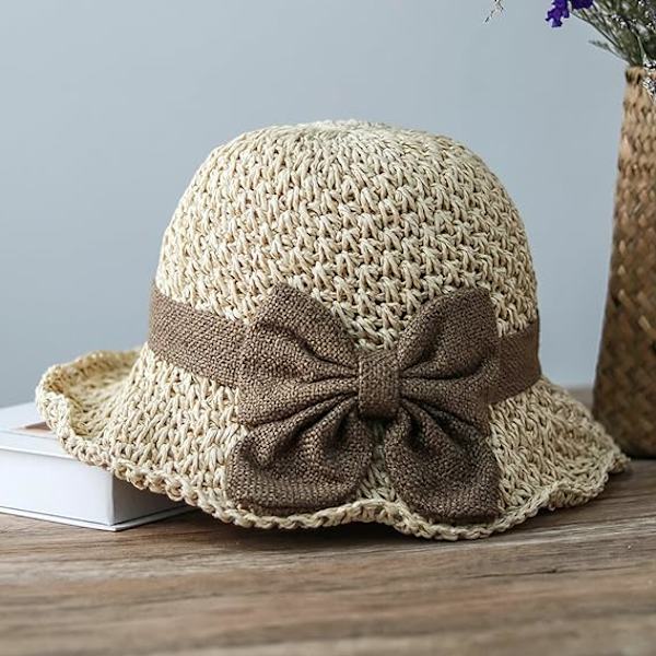 Kvinner Jenter Sløyfe Halm Floppy Hatter Anti-UV Solbeskyttelse Rull Opp Solhatter Fiske Reise Strandhatt Cap Topee Beige
