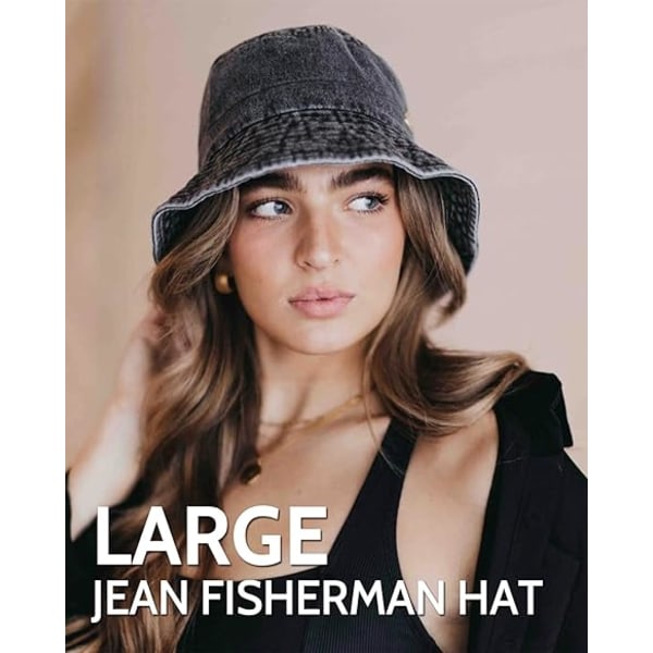 Denim Bucket Hat för stora huvuden, Vintage UV solhattar med bred brätte Stor storlek, Sommarträdgårdsh hatt Reshatt Black