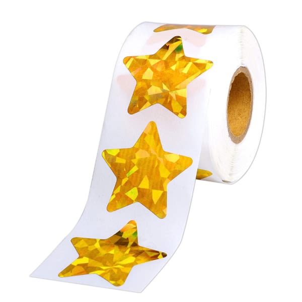 1 pakke store holografiske guldstjerneklistermærker til børnebelønning, 500