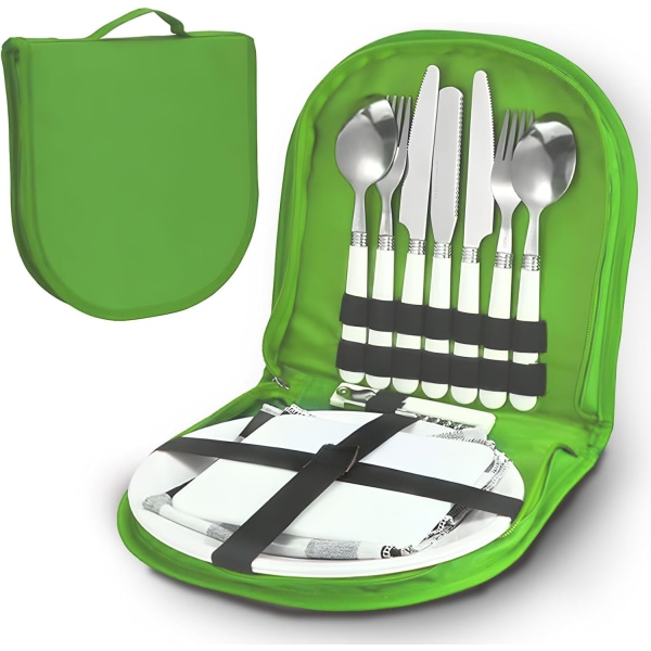 Campingbestikksett, bærbart pikniktilbehør Kjøkkenredskapssett, 13-i-1 multifunksjonelt bestikksett med vanntett oppbevaringspose green