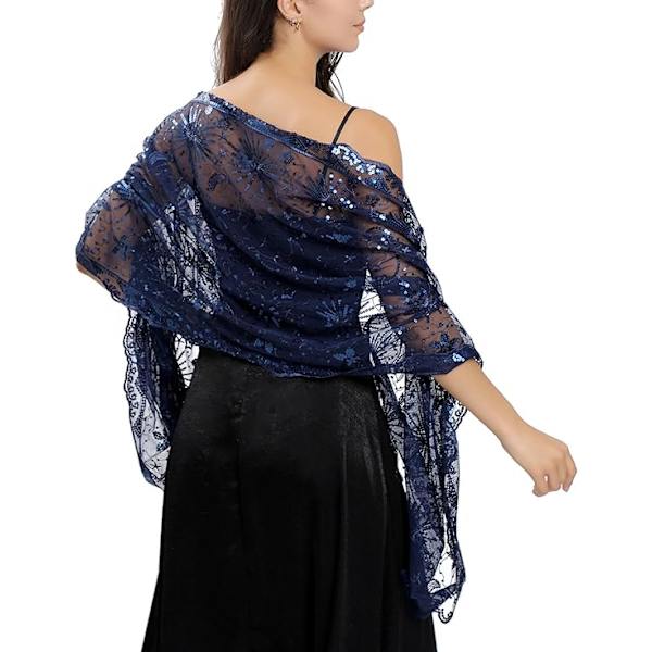 Paljett Stjerner Måner Sjal og Wraps til Aftenskjoler, Kvinner Glitrende Gjennomsiktig Mesh Bryllupssjal for Aftenfest Navy Blue