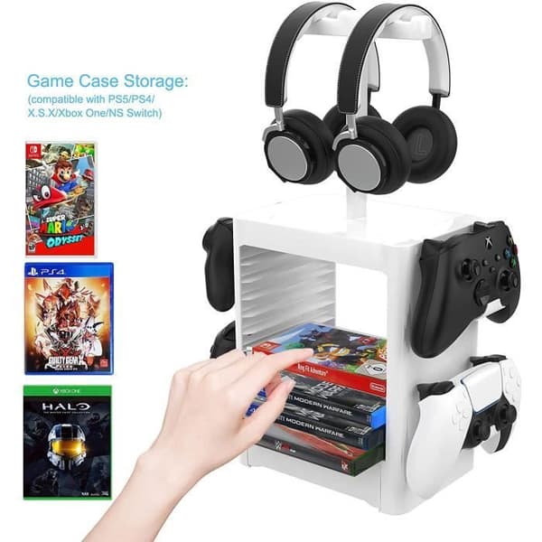 Multifunktionell speldisk-hållare för PS5/Nintendo Switch/PS4-spel och kontrollställ - Vit