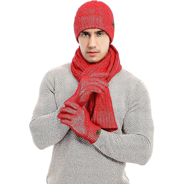 Hætte, Halsklæde og Handsker Sæt til Kvinder & Mænd 3 i 1 Vinter Beanie Hat Halsvarmer Touch Screen Handsker Strik Sæt,hw Red