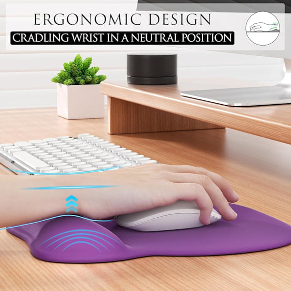 Ergonomisk musemåtte med håndledsstøtte i memoryskum, komfortabel computermusemåtte til bærbar computer, smertelindrende håndledsstøtte ren lilla Pure Purple