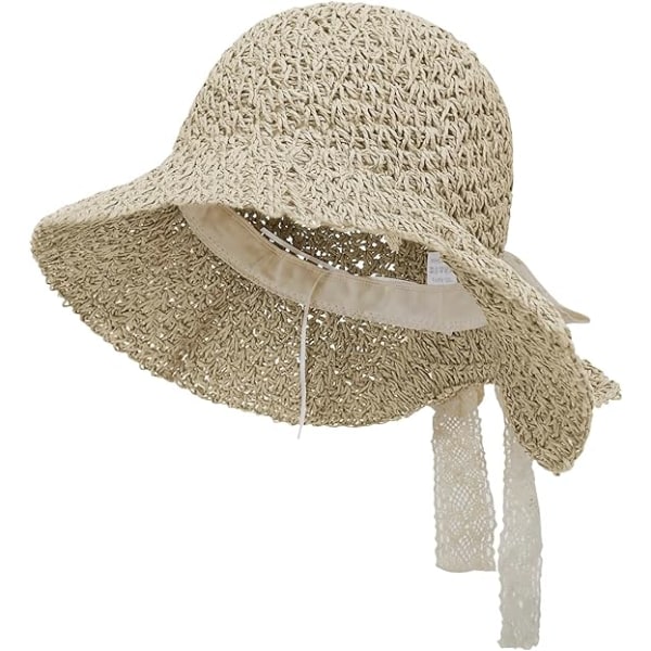 Women Girls Straw Bucket Hat Lace Hollow Out Beach Travel Hat Floppy Packable Sun Hat Summer  UV Protection Cap,Beige