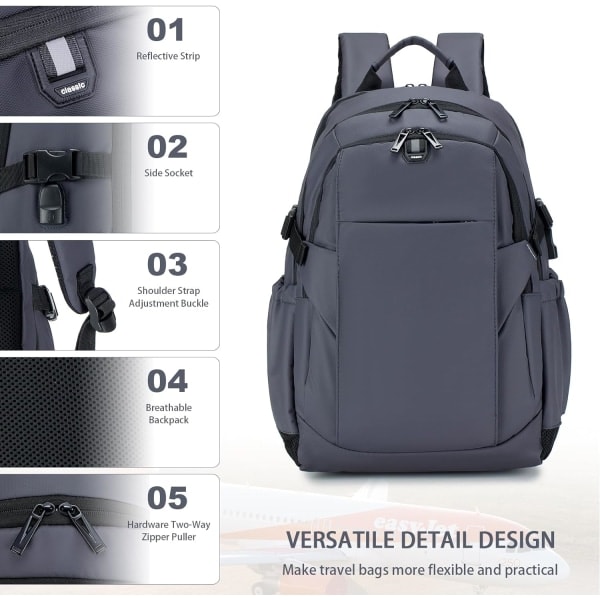 Kabin Resväska Ryggsäck Grå Vattentät Lämplig För Utomhusaktiviteter Resa Herr Handbagage Laptopväska Med USB-laddningsport