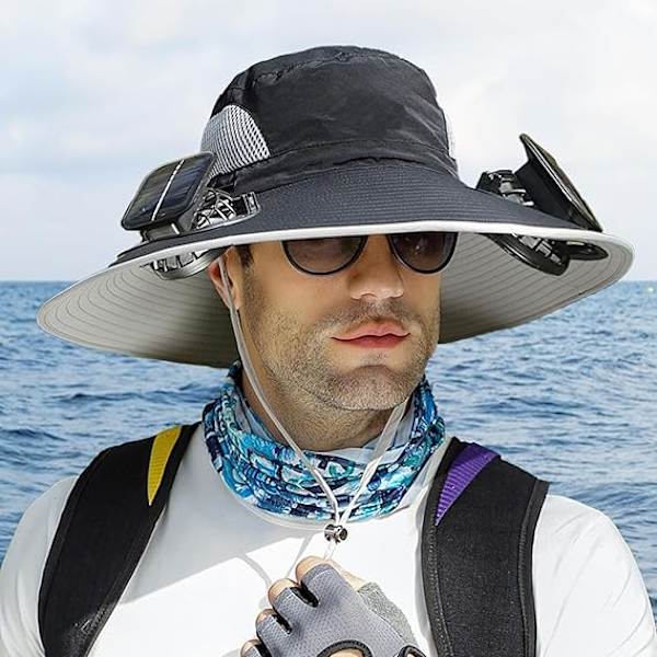 Bredbrättad solhatt med solfläkt | Sommar UV-skydd solhatt med 2 solfläktar | Sol- och USB-laddning för fiskare Black