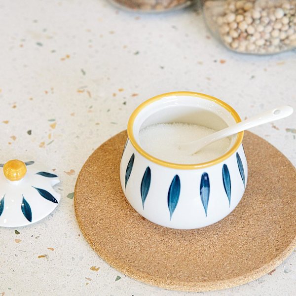 Porcelænssukkerbeholder med låg og ske, keramisk sukkerbeholder til køkken og hjem, landlige sukkerskåle til kaffebar
