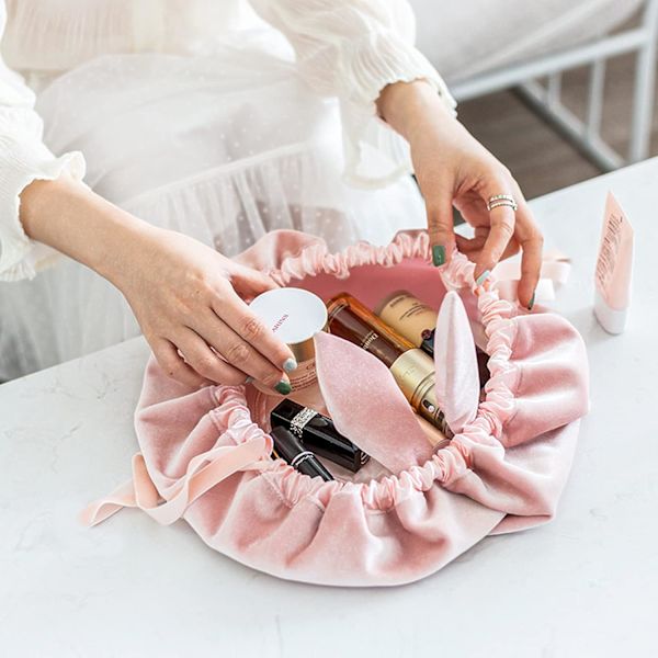Bærbar Kosmetikpung med Snørelukning, Pink, Lazy Travel Kosmetikpung, Stor Makeup Taske med Søde Kaninører til Børn, Kvinder og Piger