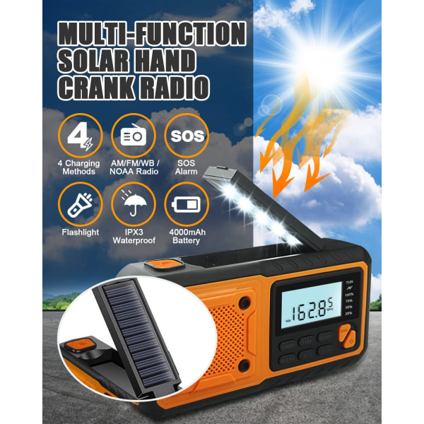 Krankradio, 4000mAh Power Bank Solar Håndsvingsradio, AM/FM/WB/NOAA og Alert bærbar vejrradio
