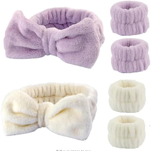 Håndklæder til håndled til vask af ansigt, spa-håndledsbånd og pandebånd i mikrofiber, hurtigtørrende, absorberende håndledsbånd til piger, mænd, makeup, 6 stk. armbåndssæt Purple+white Set