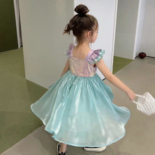 2023 Sommarklänning för flickor, sjöjungfruklänning, kortärmad prinsessklänning Blue 130cm