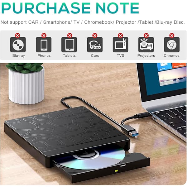 USB-C & USB 3.0 Ekstern CD/DVD Drev RW Brænder til Windows 11/10 Laptops[YDE]