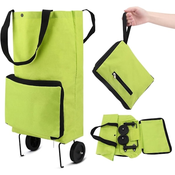 Foldbar indkøbsvogn, foldbar taske med gummihjul, foldbar trolley, Oxford-stofpose, genanvendelig til supermarked, kapacitet med hjul, grøn Green
