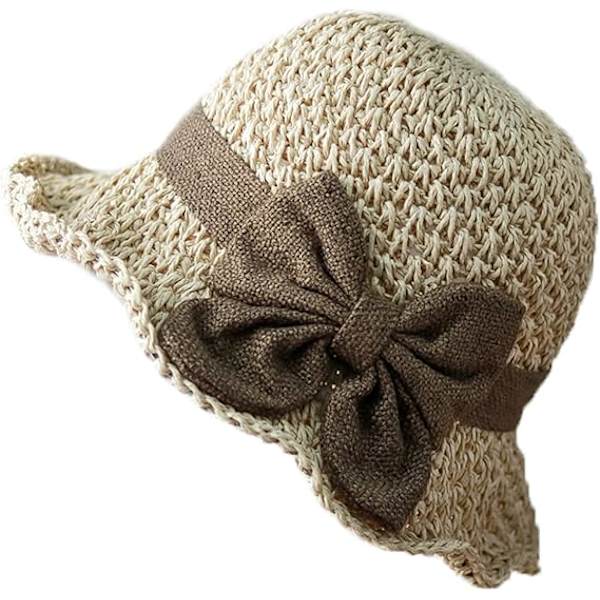 Kvinner Jenter Sløyfe Halm Floppy Hatter Anti-UV Solbeskyttelse Rull Opp Solhatter Fiske Reise Strandhatt Cap Topee Beige