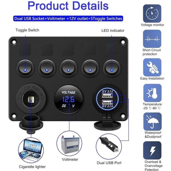5-veis vippebryterpanel, vippebryterpanel, elektrisk panel for båt, bil, vanntett, 12V/24V, lastebil, SUV
