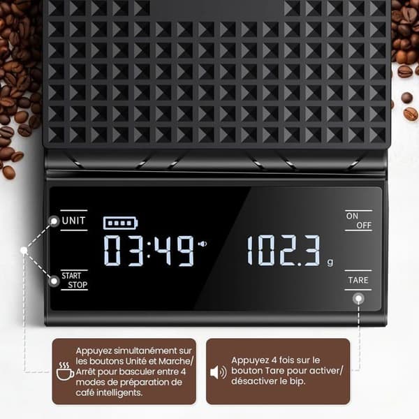 Kaffevåg med timer, uppladdningsbar digital köksvåg, 5 kg/0,1 g precisionsvåg för espresso