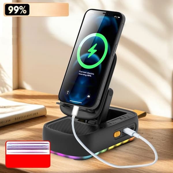 3-i-1 multifunktionelt roterbart og foldbart bordstativ til mobiltelefon med indbygget Bluetooth-højttaler