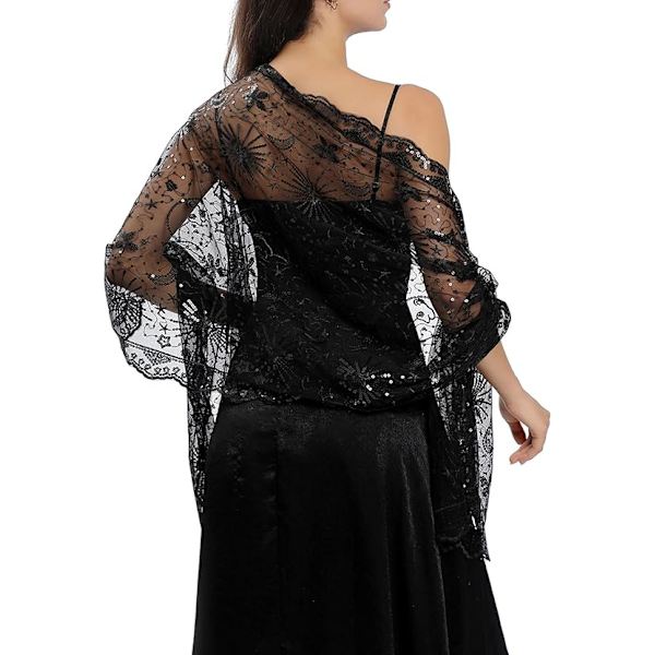 Paljett Stjerner Måner Sjal og Wraps til Aftenskjoler, Kvinner Glitrende Gjennomsiktig Mesh Bryllupssjal for Aftenfest Black
