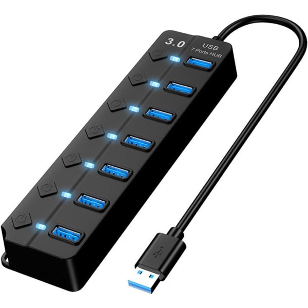 USB 3.0 Hub, 7-Port USB Extension Hub for bærbar PC, Multiple USB Port Extender for bærbar PC, datamaskin alt USB-tilbehør (7-Port USB 3.0 Hub)