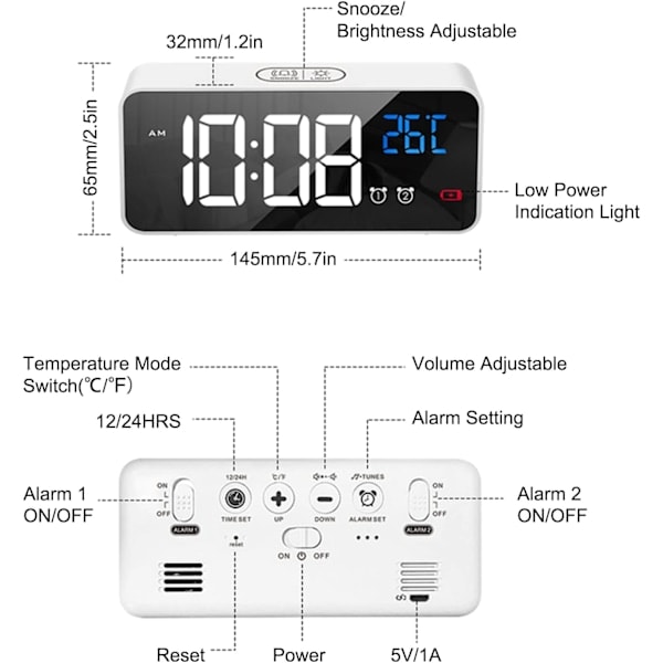 Digital väckarklocka, smart väckarklocka med LED-display och temperatur, USB-laddningsport, 12/24 timmar