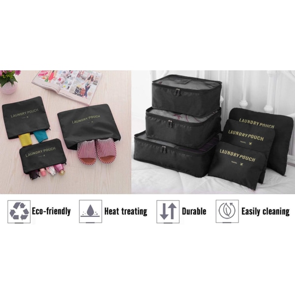 Resväska Organiser Packpåsar, 6 PCS Resväska Packkuber Set för Kläder Resväskor Organisatörer Förvaringsväskor Black
