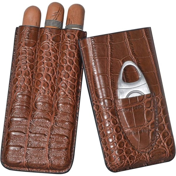 3-pipers cigaretui i krokodillemønstret læder - cigarhumidor - cigaræske med rustfrit stålcigarsaks (uden cigarer)