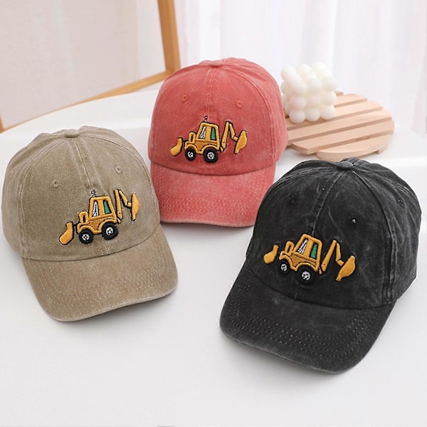 Unisex Børnehat Vasket Retro Baseball Kasket Tegneserie Gravemaskine Broderi Lang Skygge Anti-UV Solbeskyttelse Udendørs Hovedbeklædning Solhat QingHai Khaki
