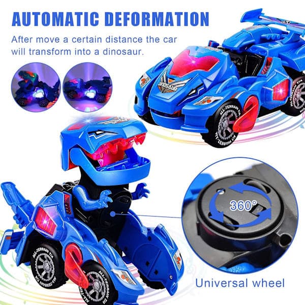Transformerende Dinosaur Bil Legetøj (Auto Transformation + Musik/LED Lys) til Børn Drenge Piger Blue