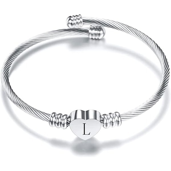 Initial Letter Cuff Armband för Kvinnor Flickor Expanderbar Kärlek Hjärta Silver Alfabetet Armband Familj Mamma Dotter Mors Dag Alla Hjärtans Dag Födelsedag L