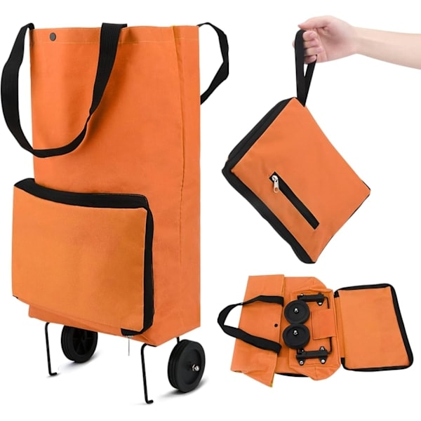 Sammenklappelig indkøbsvogn, sammenklappelig taske med gummihjul, sammenklappelig trolley Oxford-stofpose genanvendelig til supermarked, kapacitet med hjul orange Orange