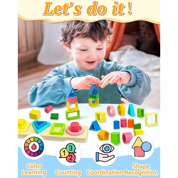 Form Sorter i tre - Leketøy i tre for barn 1-3 år - Ringpuslespillgave for småbarn