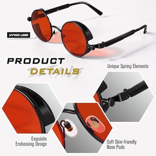 Retro pyöreä ympyrä polarisoidut Steampunk aurinkolasit miehille ja naisille UV-suojalla Black/Red
