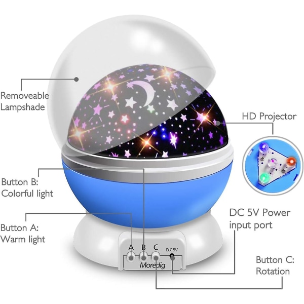Natlys til børn, 360 roterende stjerne babynatlys med 4 lysdioder, 8 lystilstande og 2 opladningstilstande (blå)